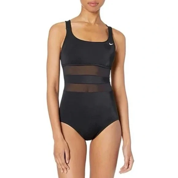 NIKE Mesh V-Back One Piece Swimsuit Black Large L NWT